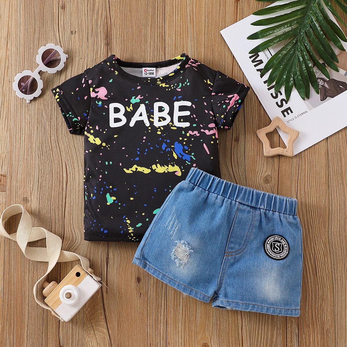 

2pcs Baby Boy Letter Print Graffiti Short-sleeve Tee and Ripped Denim Shorts Set