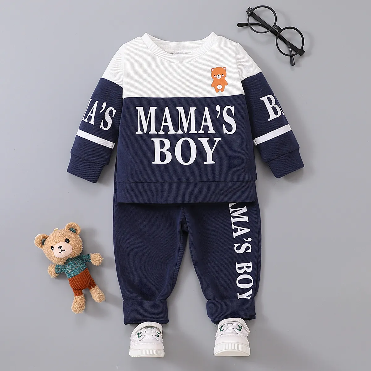 2pcs Baby Boy Cartoon Bear & Letter Print Colorblock Long-sleeve Sweatshirt and Sweatpants Set Dark Blue/white big image 1