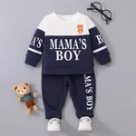 2pcs Baby Boy Cartoon Bear & Letter Print Colorblock Long-sleeve Sweatshirt and Sweatpants Set Dark Blue/white image 6