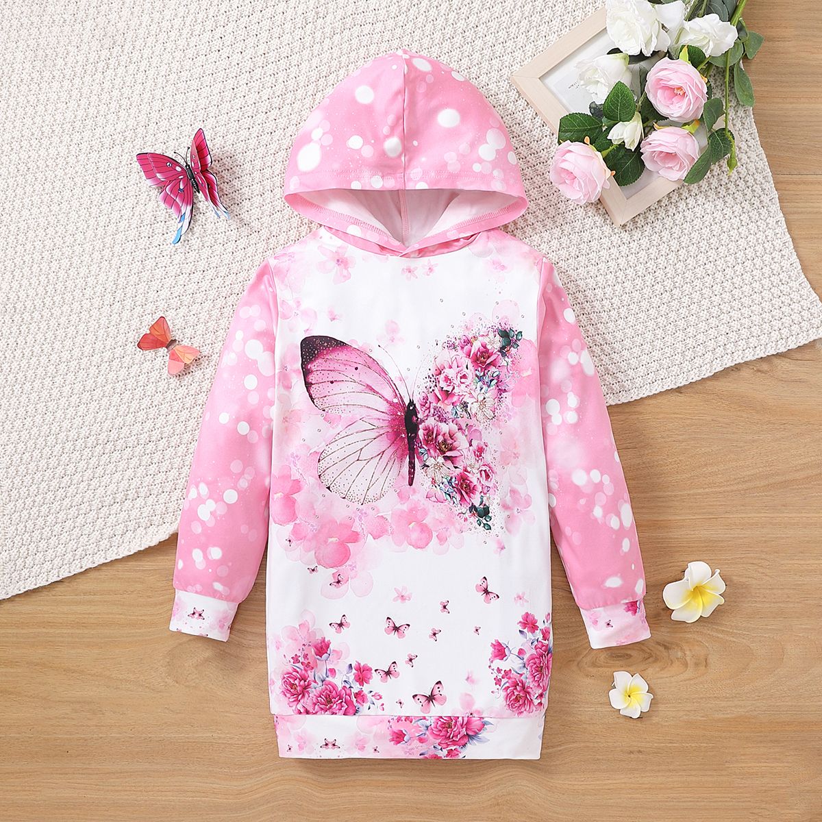 

Kid Girl Butterfly Floral Print Long-sleeve Pink Hooded Sweatshirt Dress