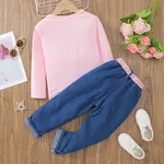 2pcs Kid Girl Figure Print Long-sleeve Pink Tee and Belted Ripped Denim Jeans Set  image 2