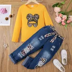 2pcs Kid Girl Figure Print Long-sleeve Pink Tee and Belted Ripped Denim Jeans Set Yellow