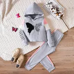 2-piece Kid Girl Butterfly Print Letter Hooded Sweatshirt and Pants Set Grey