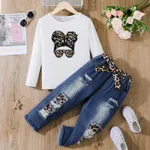 2pcs Kid Girl Figure Print Long-sleeve Pink Tee and Belted Ripped Denim Jeans Set White