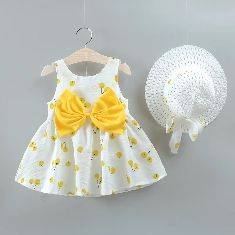2 unidades Bebé Hipertátil/3D Cereja Bonito Sem mangas Vestidos Amarelo
