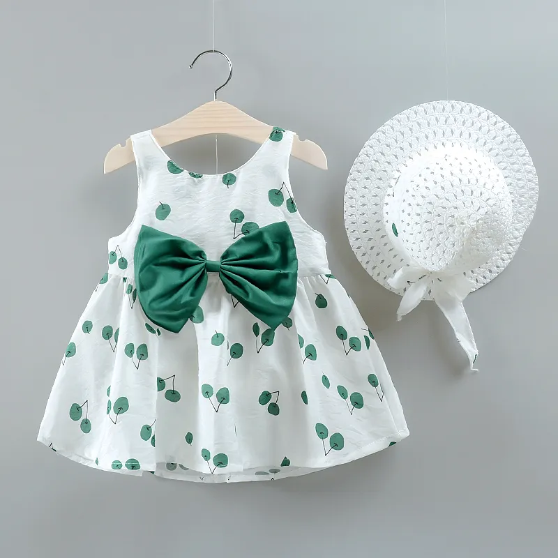 2 unidades Bebé Hipertátil/3D Cereja Bonito Sem mangas Vestidos Verde Escuro