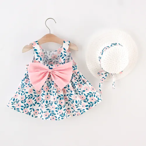 2pcs Floral Print Bowknot Sleeveless Baby Dress & Hat Set