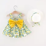 2pcs Floral Print Bowknot Sleeveless Baby Dress & Hat Set Yellow