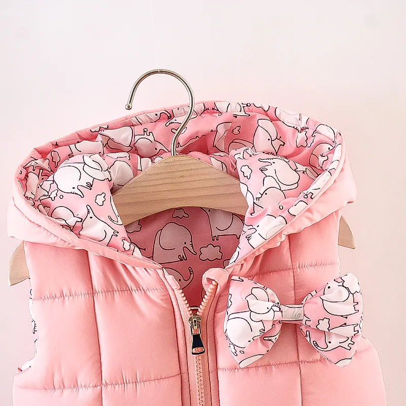Floral Print Allover Bow Decor Hooded Sleeveless Pink Baby Coat Jacket Pink big image 1
