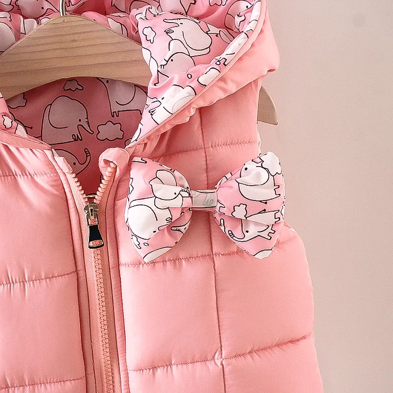 Floral Print Allover Bow Decor Hooded Sleeveless Pink Baby Coat Jacket Pink big image 1