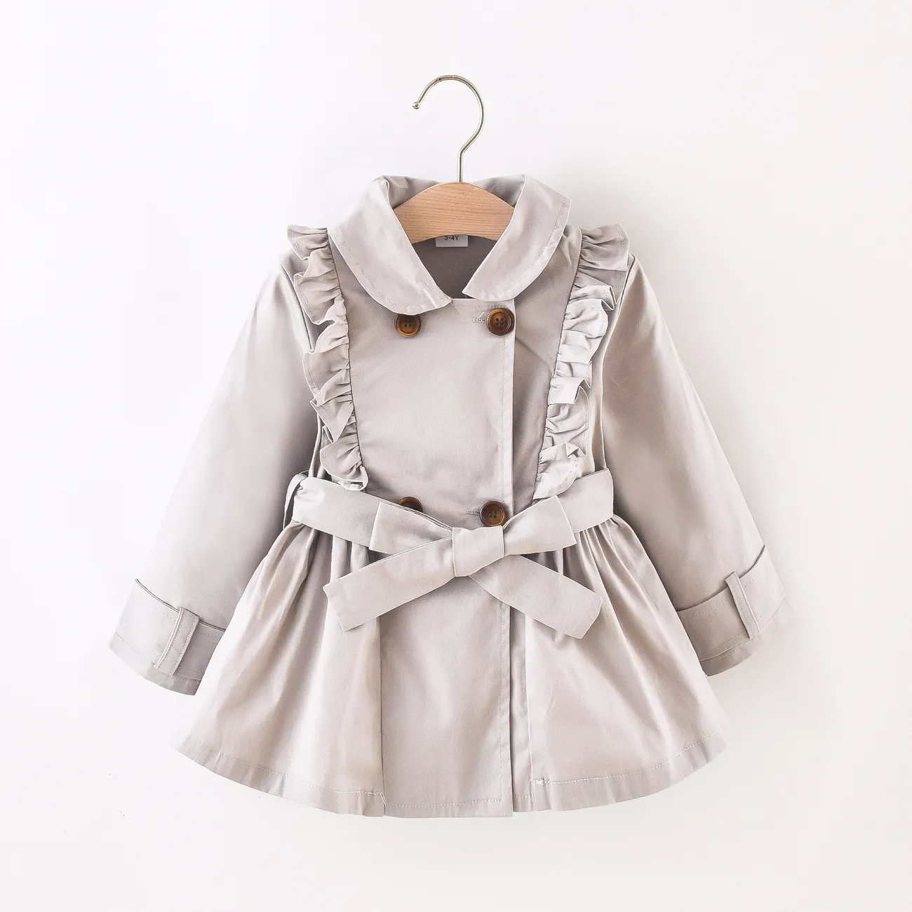 Toddler Girl Doll Collar Ruffled Double Breasted Belted Trench Coat Light Grey big image 1