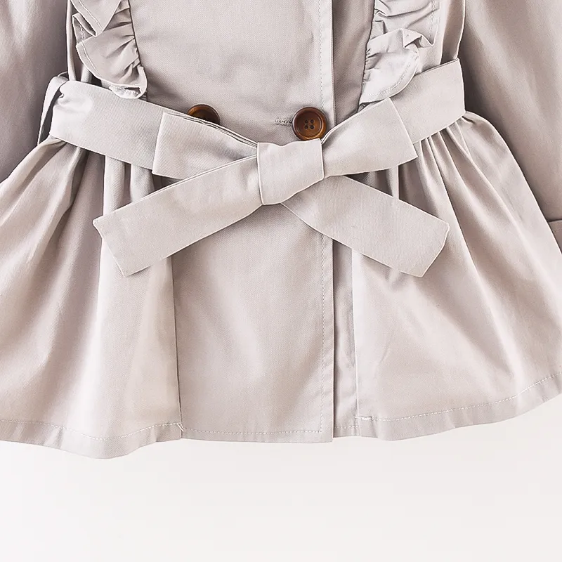 Kleinkind Mädchen Puppenkragen gekräuselter zweireihiger Trenchcoat mit Gürtel hellgrau big image 1