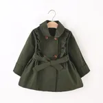 Toddler Girl Doll Collar Ruffled Double Breasted Belted Trench Coat Dark Green