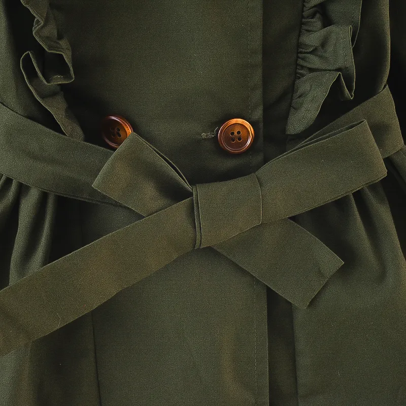 gabardina con cinturón y doble botonadura con volantes y cuello de muñeca para niña pequeña Verde oscuro big image 1