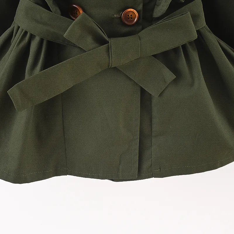 Toddler Girl Doll Collar Ruffled Double Breasted Belted Trench Coat Dark Green big image 1