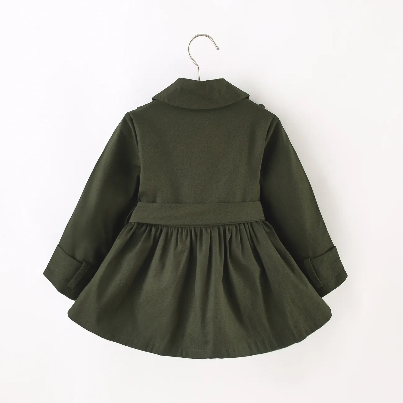 Toddler Girl Doll Collar Ruffled Double Breasted Belted Trench Coat Dark Green big image 1