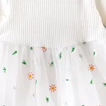 Baby Girl White Ribbed Long-sleeve Splicing Floral Embroidered Mesh Fairy Dress White image 3
