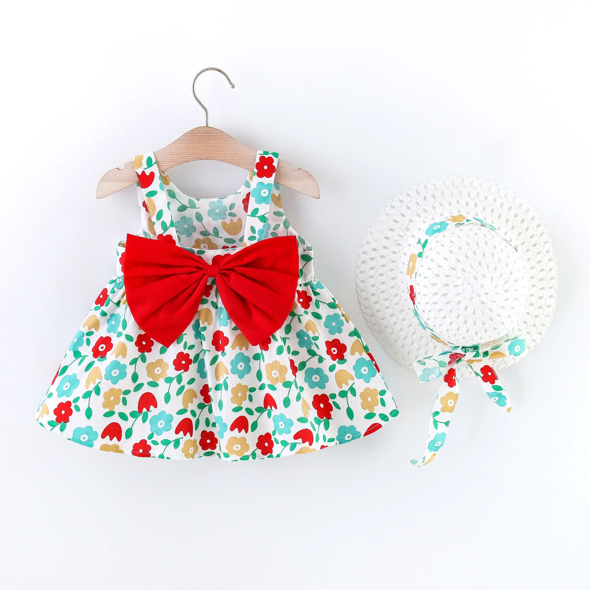 2pcs Floral Print Bowknot Sleeveless Baby Dress & Hat Set