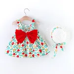 2pcs Floral Print Bowknot Sleeveless Baby Dress & Hat Set Red