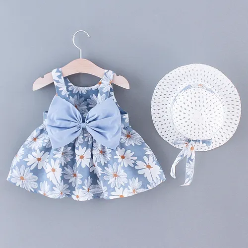 2pcs Toddler Girl Floral Print Bowknot Design Strap Dress and Straw Hat Set
