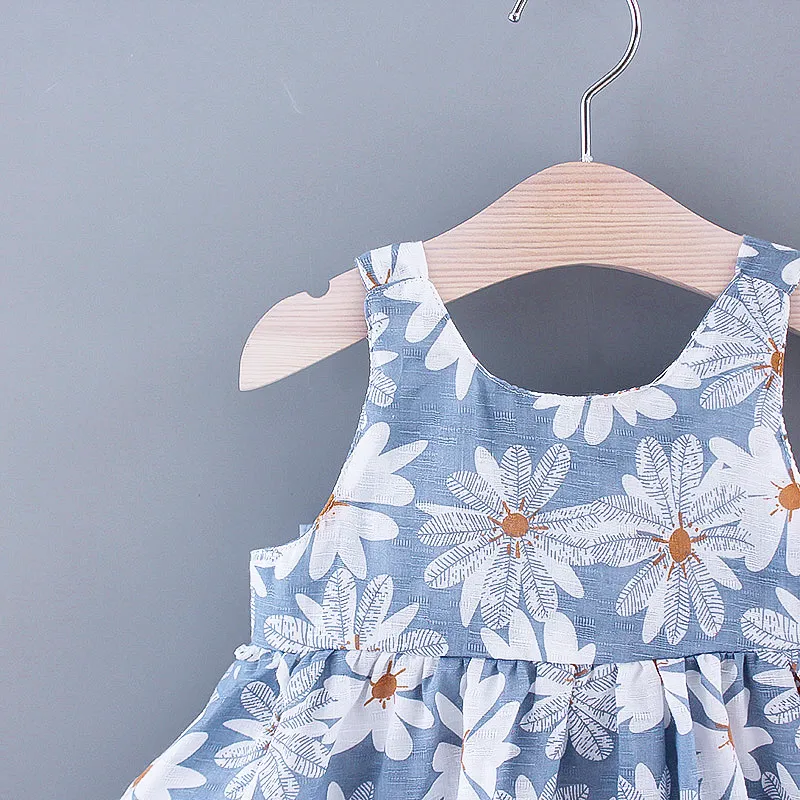2 قطعة طفلة صغيرة الأزهار طباعة bowknot تصميم فستان بحزام ومجموعة قبعة من القش أزرق big image 1