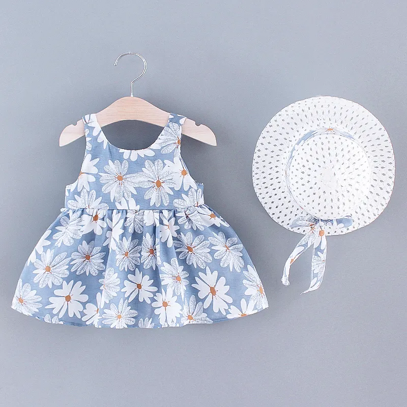 2pcs Baby Girl All Over Daisy Floral Print Bowknot Sleeveless Tank Dress with Hat Set Blue image 2