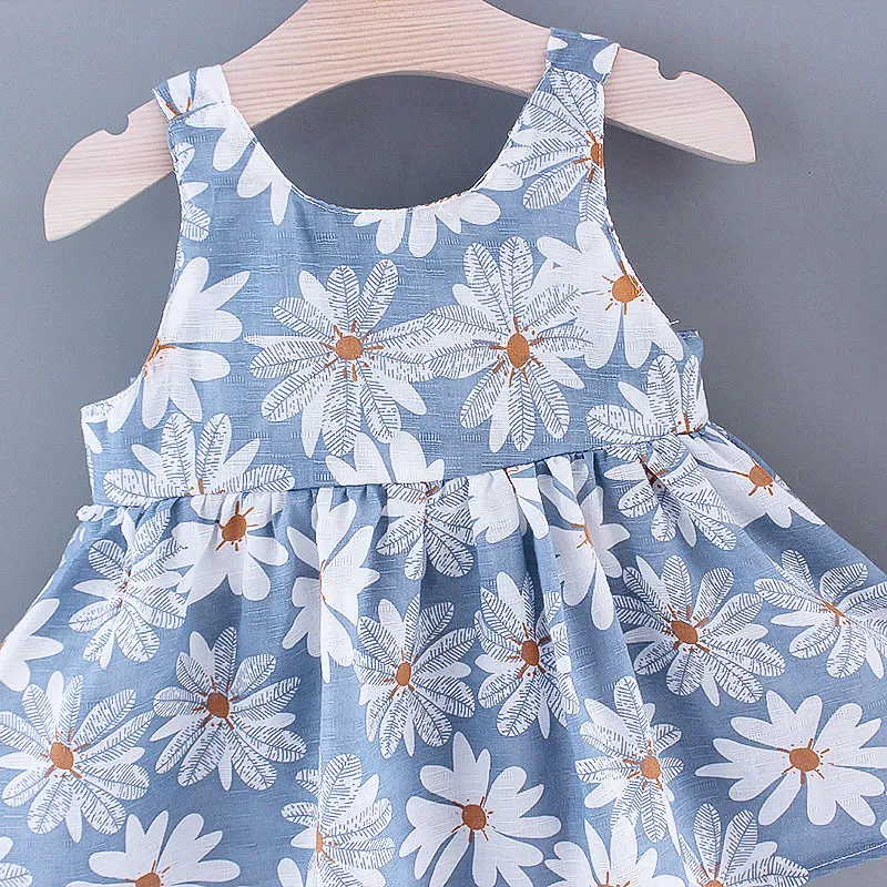 2pcs Baby Girl All Over Daisy Floral Print Bowknot Sleeveless Tank Dress with Hat Set Blue image 4