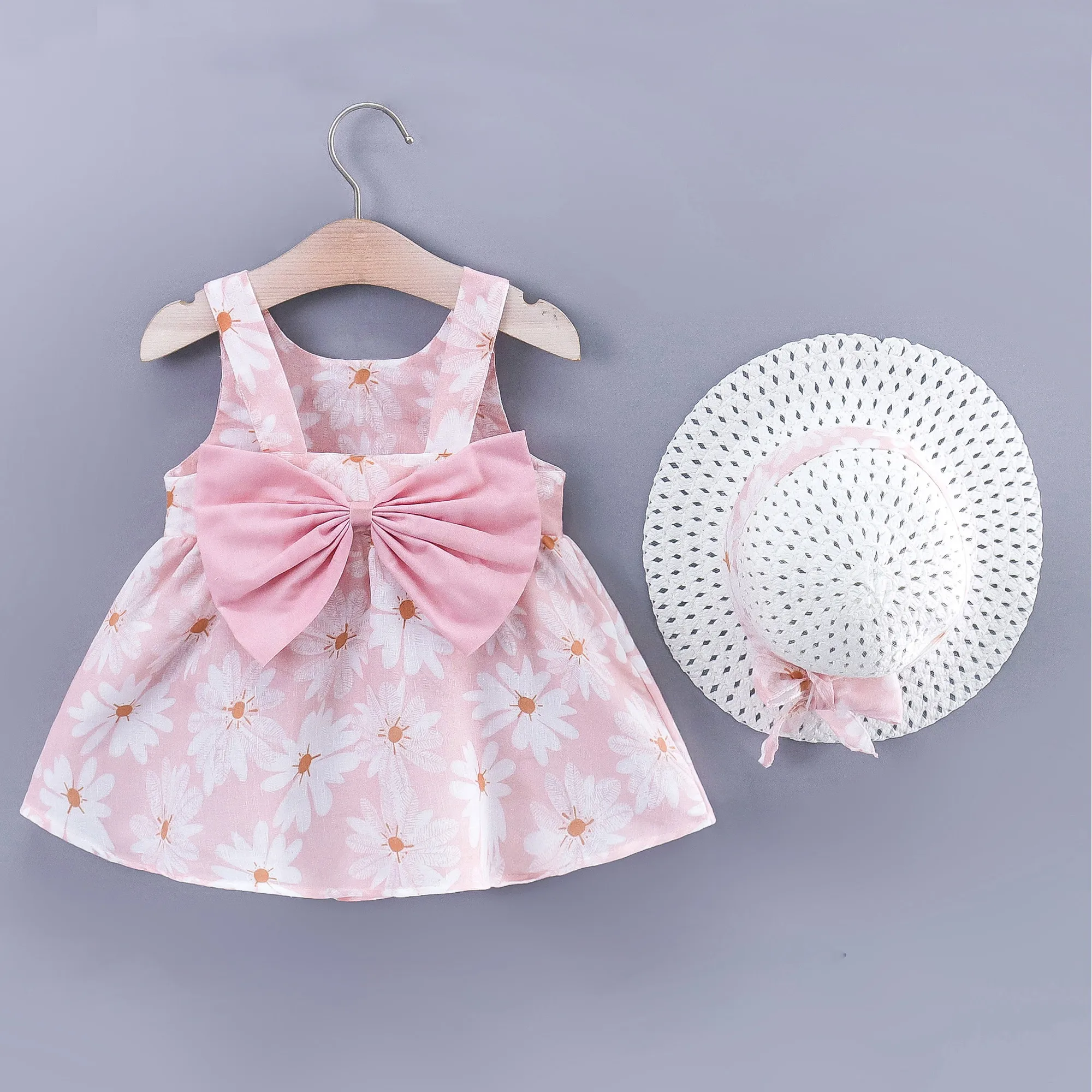 

Little Daisy 2pc Dress Set for Baby Girls - Soft Lightweight Cotton-Linen Fabric, Back Bowknot Design