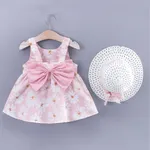 2pcs Baby Girl All Over Daisy Floral Print Bowknot Sleeveless Tank Dress with Hat Set Pink