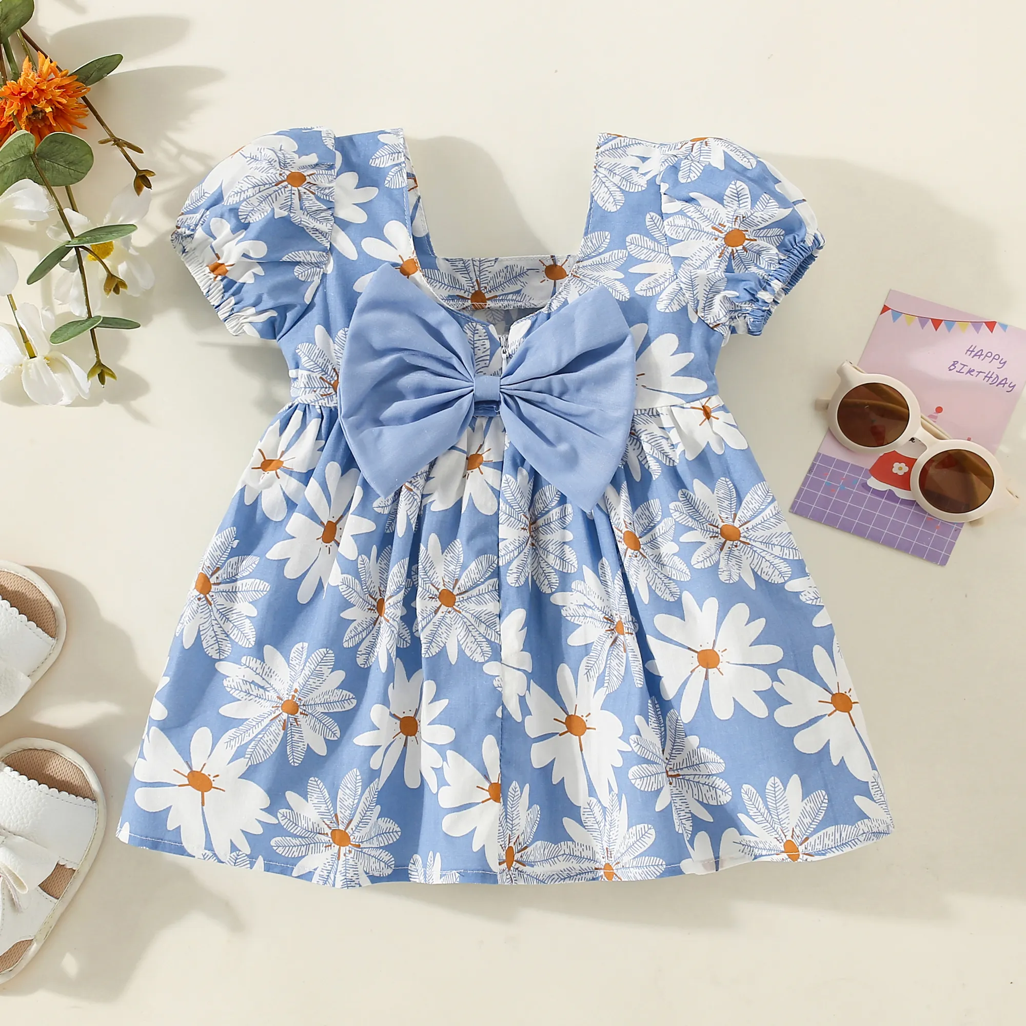 100% Cotton Baby Girl Allover Daisy Print Bow Front Short-sleeve Dress