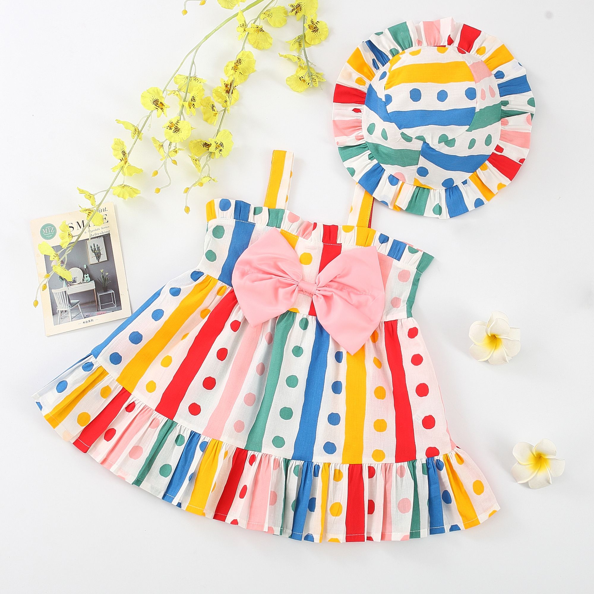 

2pcs Baby Girl 100% Cotton Bow Decor Polka Dots & Stripe Print Slip Dress and Hat Set