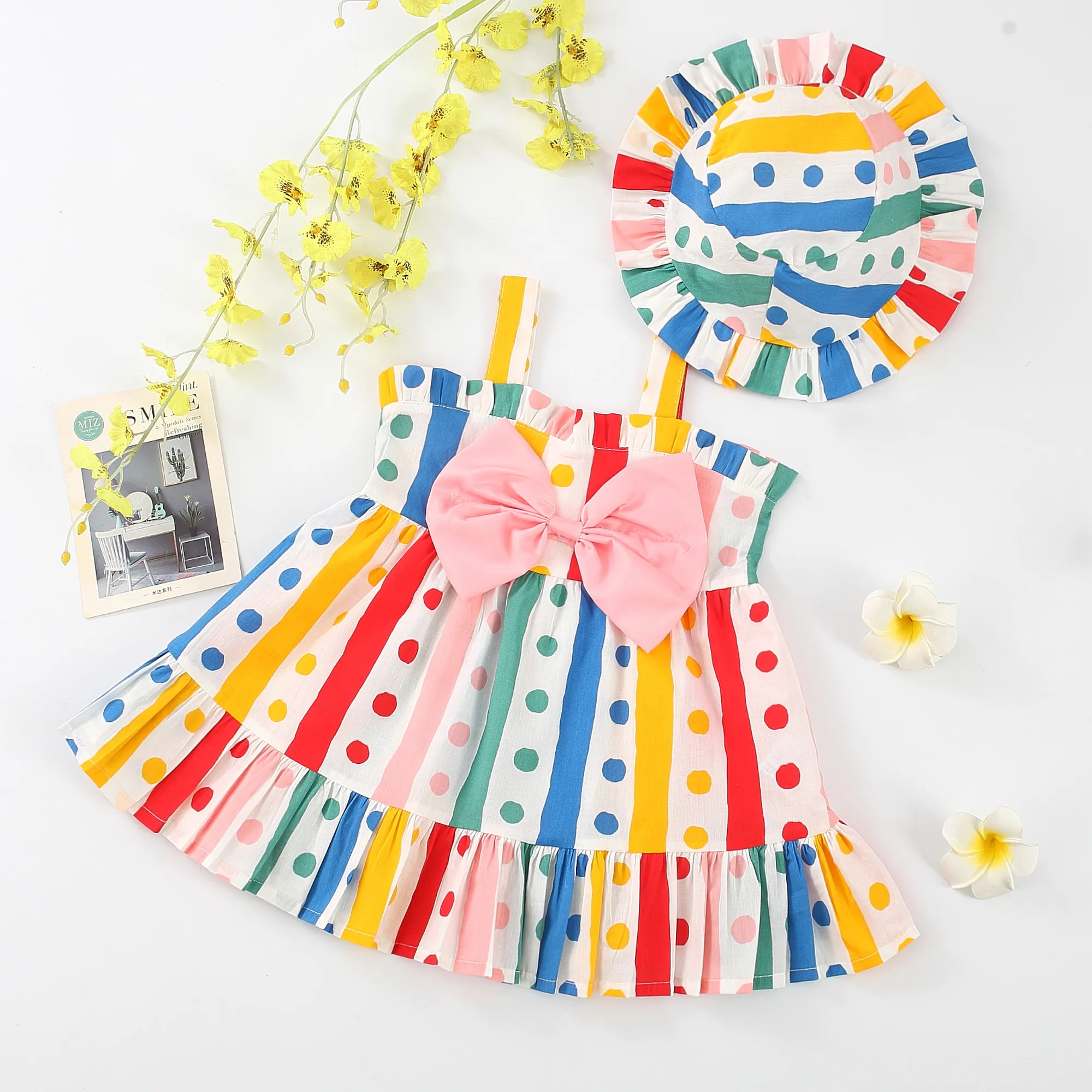2pcs Baby Girl 100% Cotton Bow Decor Polka Dots & Stripe Print Slip Dress and Hat Set Multicolour-1 big image 1