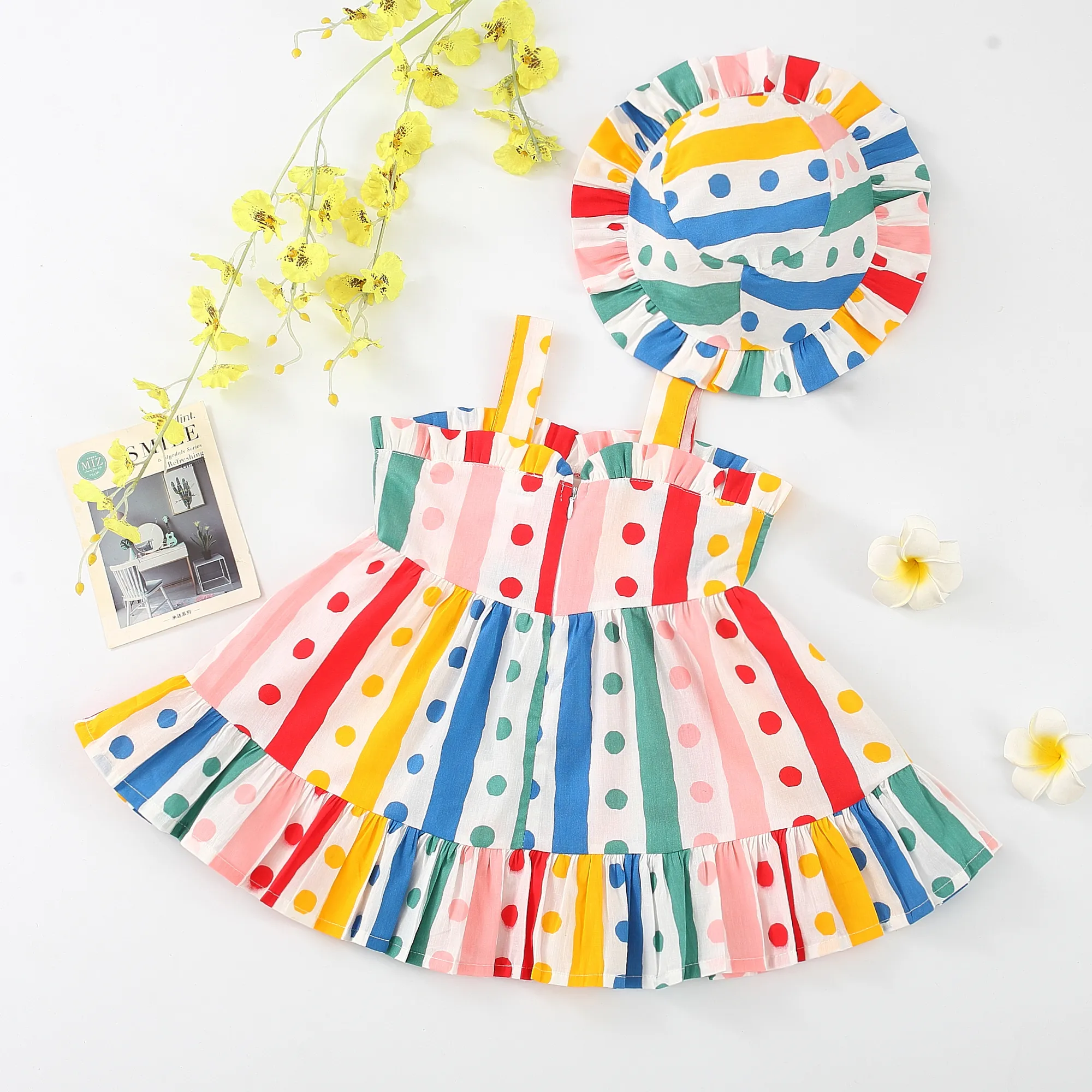 2pcs Baby Girl 100% Cotton Bow Decor Polka Dots & Stripe Print Slip Dress and Hat Set Multicolour-1 image 2