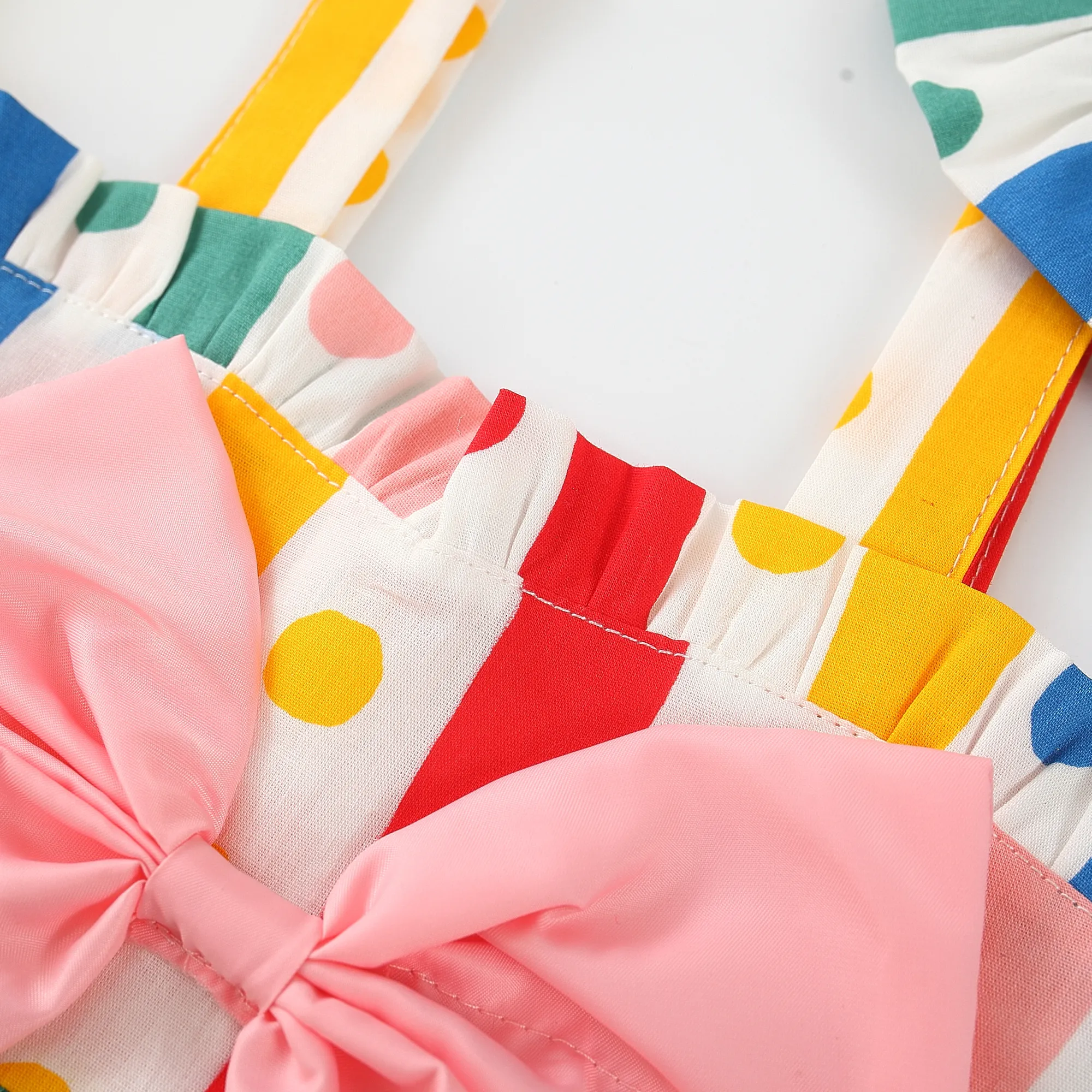 2pcs Baby Girl 100% Cotton Bow Decor Polka Dots & Stripe Print Slip Dress and Hat Set Multicolour-1 image 6