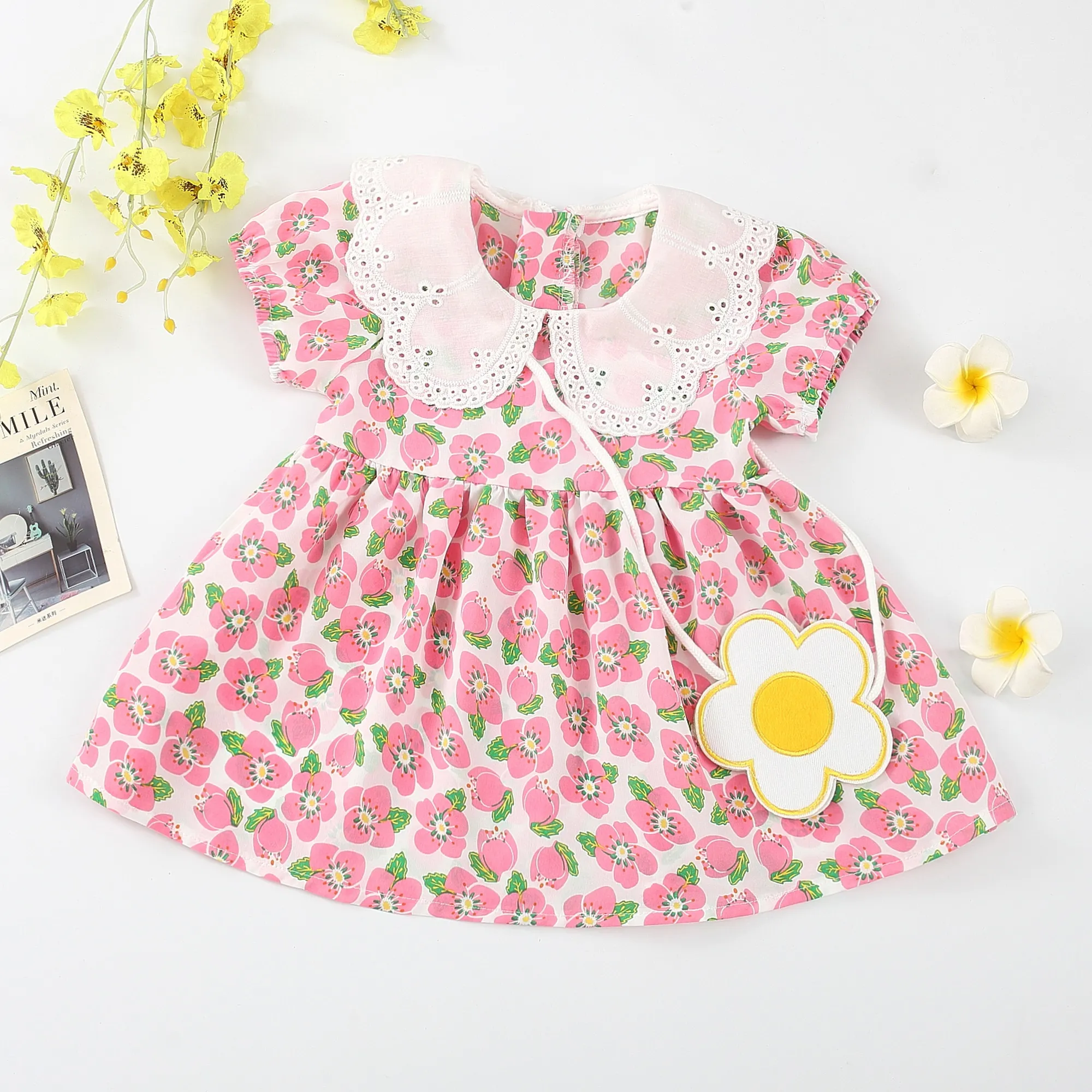 Baby Girl Allover Floral Pattern Lace Short-sleeve Dress Pink big image 1