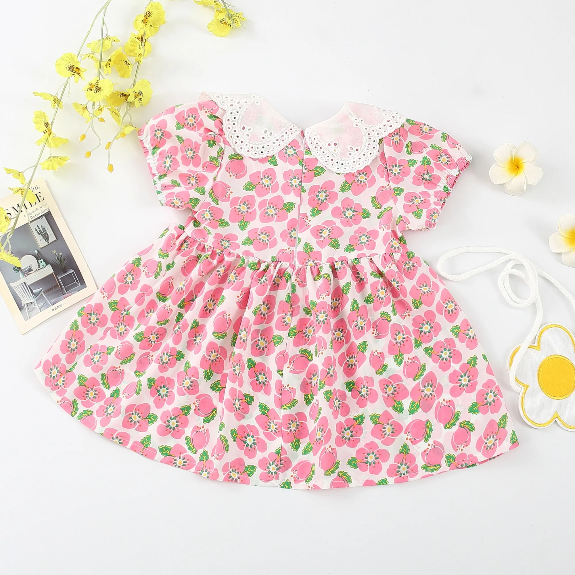 Baby Girl Allover Floral Pattern Lace Short-sleeve Dress Pink image 2