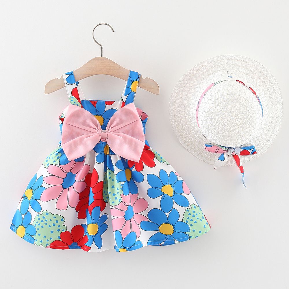 2pcs Baby Girl Allover Big Floral Print Bow Front Cami Dress with Bow Decor Hat