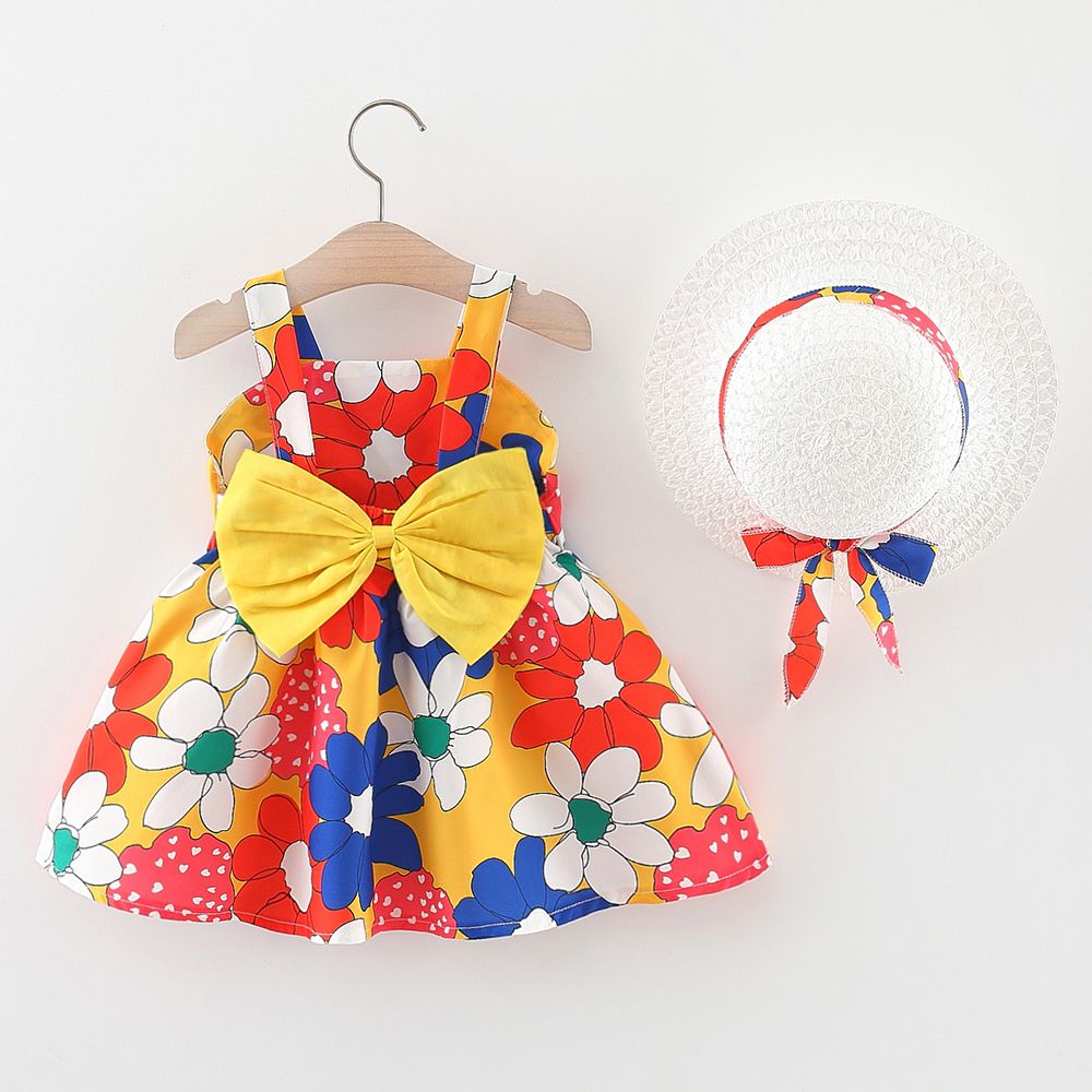 2pcs Baby Girl Allover Big Floral Print Bow Front Cami Dress With Bow Decor Hat