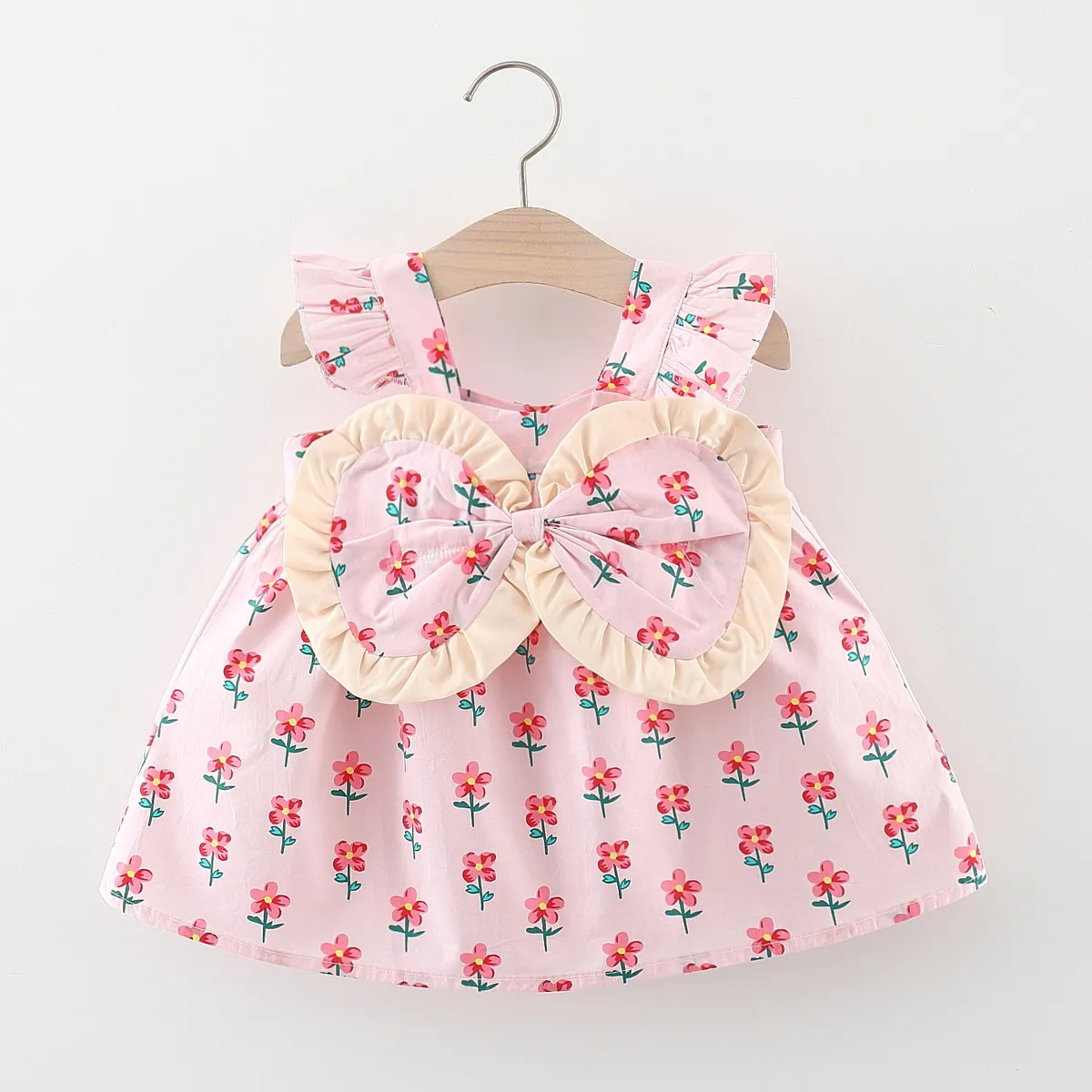 Baby Girl 100% Cotton Allover Floral Print Big Bow Front Flutter-sleeve Dress   big image 1