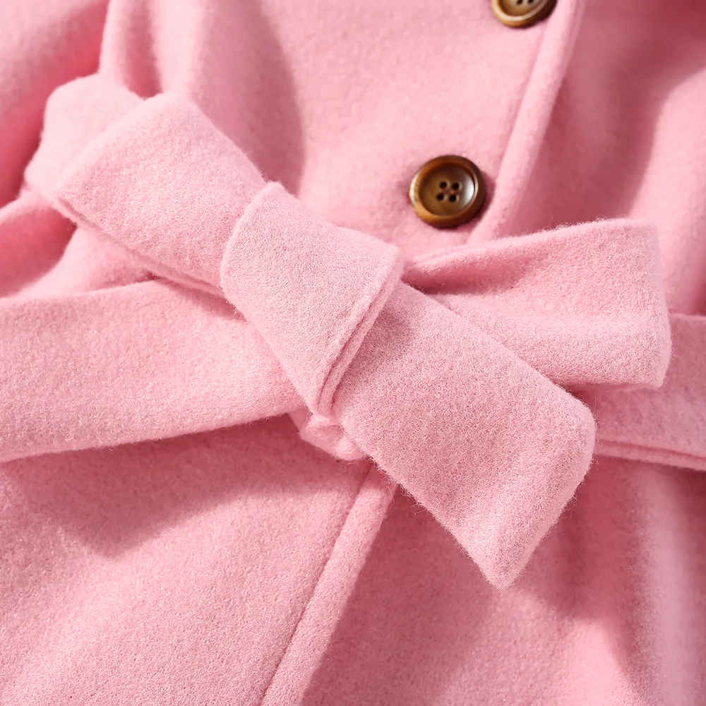 幼儿女装兔毛帽子呢外套，纯色款式，中等厚度，常规版型，100%聚酯纤维。 粉色 big image 1