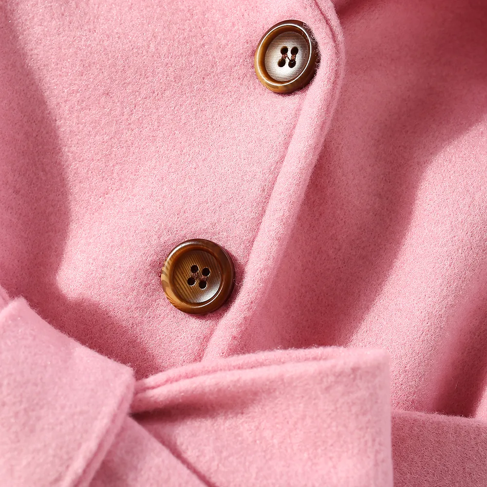Abrigo de lana con capucha para niñas pequeñas, color sólido, grosor medio, ajuste regular Rosado big image 1