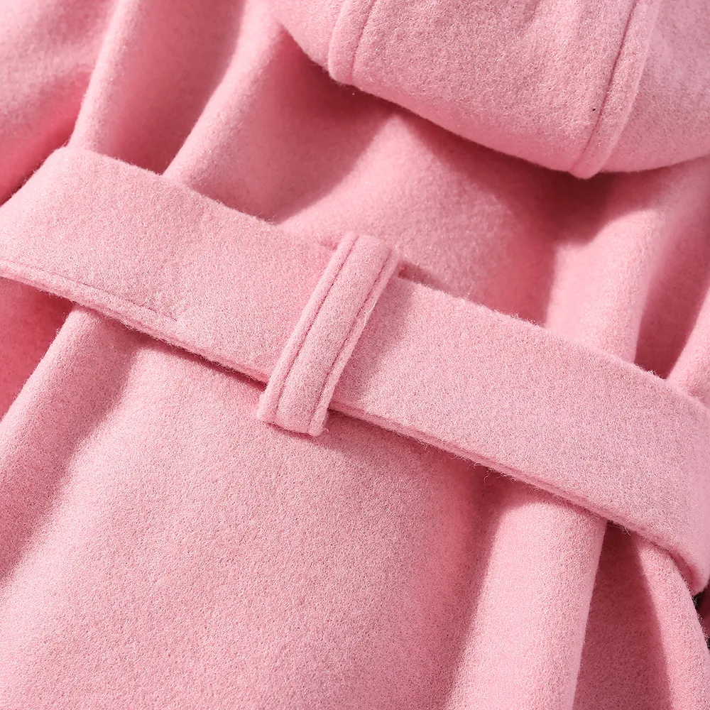 Manteau en laine à capuche pour les petites filles, couleur unie, épaisseur moyenne Rose big image 1