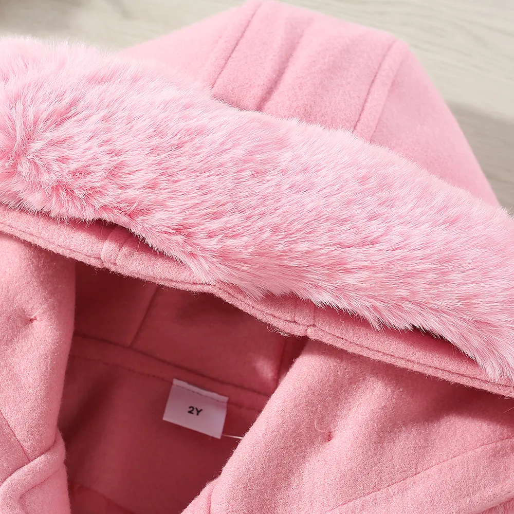 Abrigo de lana con capucha para niñas pequeñas, color sólido, grosor medio, ajuste regular Rosado big image 1