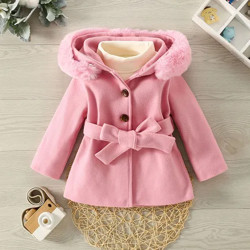 Toddler Girl Solid Color Hooded Woolen Coat 
