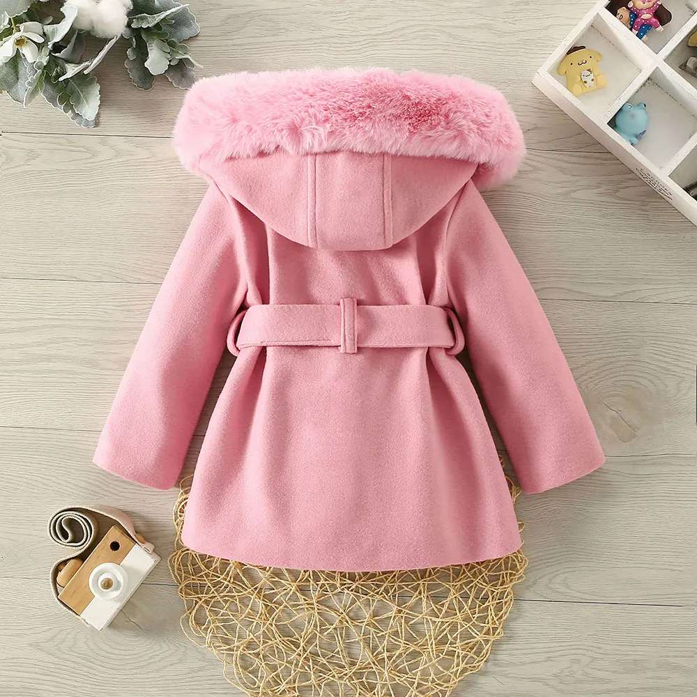 Toddler Girl Solid Color Hooded Woolen Coat   image 2