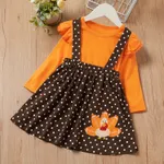 2-piece Toddler Girl Thanksgiving Ruffled Long-sleeve Solid Top and Polka dots Turkey Embroidery Suspender Skirt Set Orange
