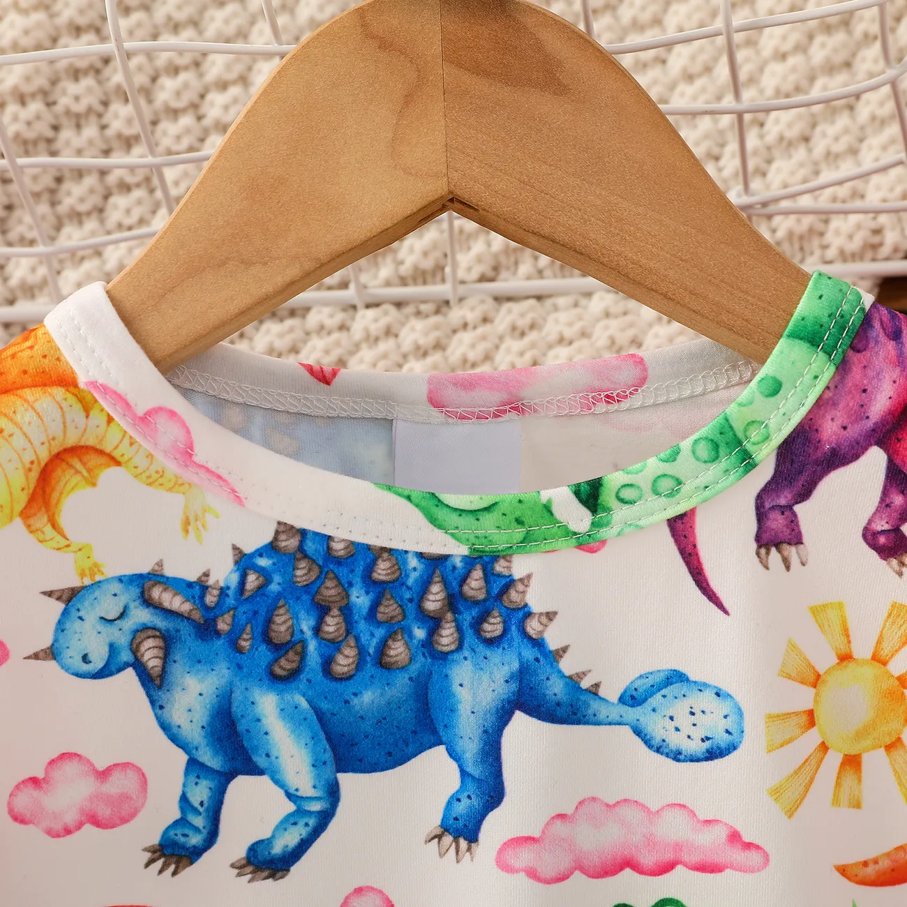 Toddler Girl Ruffled Dinosaur Cloud Rainbow/Floral Print Long-sleeve Pullover Sweatshirt Beige big image 1