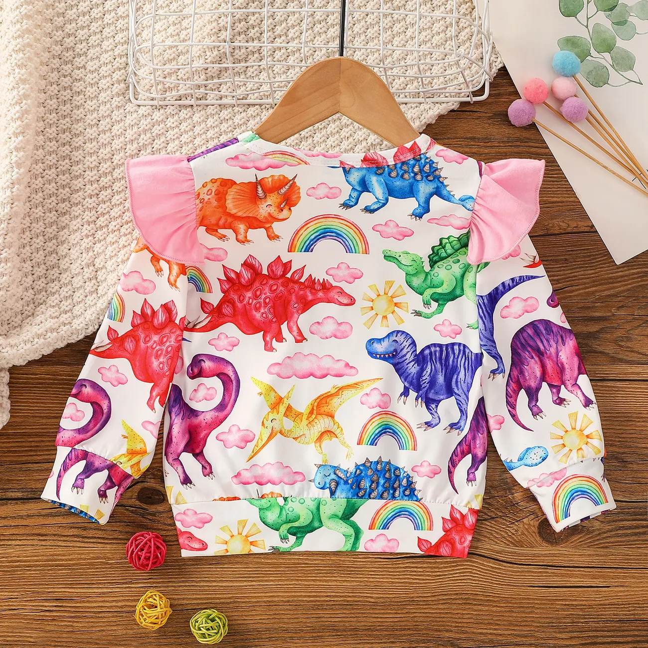 Toddler Girl Ruffled Dinosaur Cloud Rainbow/Floral Print Long-sleeve Pullover Sweatshirt Beige big image 1