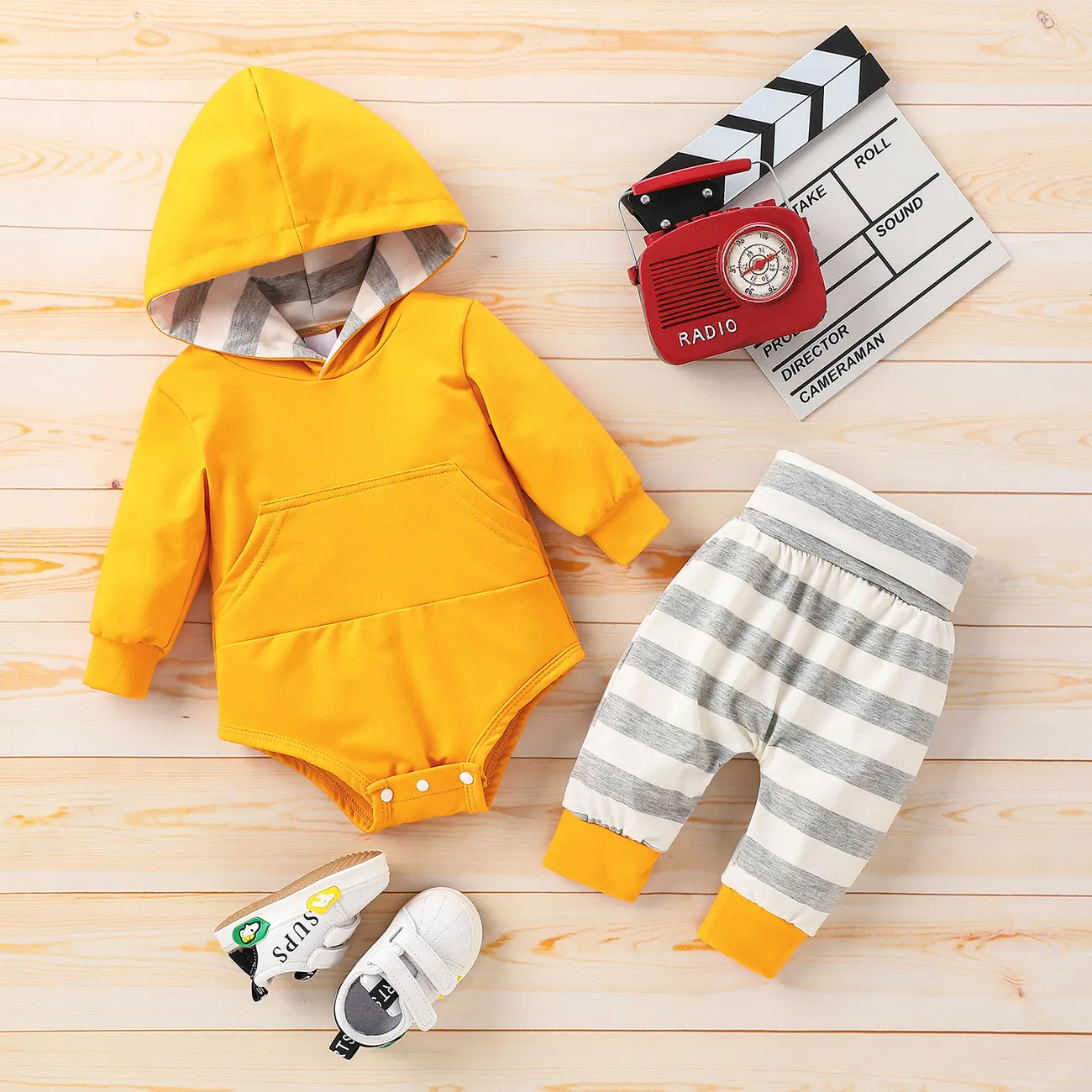 2pcs Solid Long-sleeve Hooded Romper and Stripe Trouser Baby Set Ginger big image 1