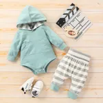 2pcs Solid Long-sleeve Hooded Romper and Stripe Trouser Baby Set Green/White